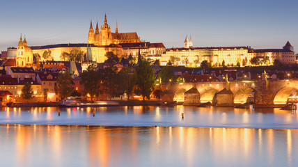 Night view to Prague Castle and Charles Bridge, Prague, Czech Republic