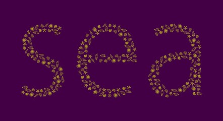 The word sea is made up of hand-drawn yellow outlines of starfishes and various types of seashells on a purple background.