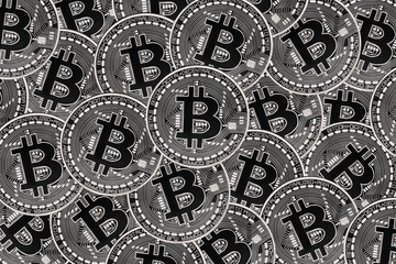 Many silver coins with Bitcoin sign, It is a cryptocurrency background.