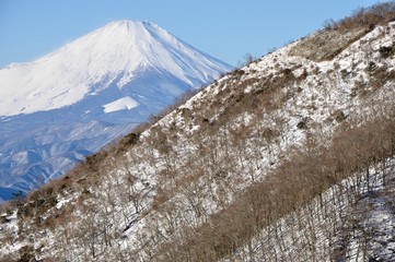 雪の山地と富士山