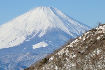 雪の山地と富士山