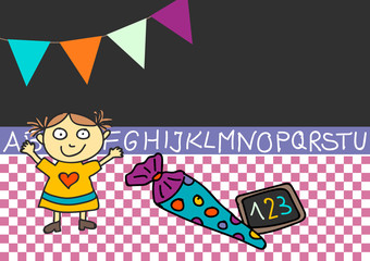 Karte Einschulung Mädchen mit Wimpelkette und Copy Space