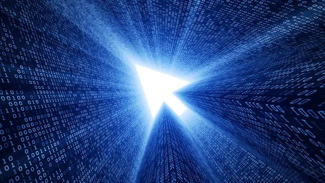 Abstract background with digital tunnel from binary code symbols 1 and 0 as technological sign with shine and light beams. Animation of seamless loop.