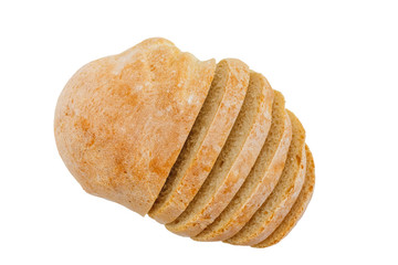 Fresh sliced ciabatta bread on a white background