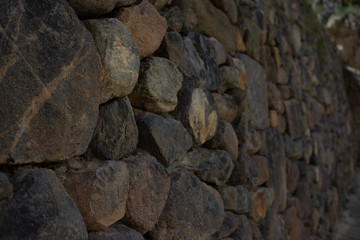 Ancient stone wall build by the inka in Ollantaytambo