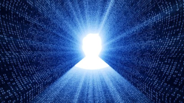 Abstract background with digital tunnel from binary code symbols 1 and 0 as technological sign with shine and light beams. Animation of seamless loop.
