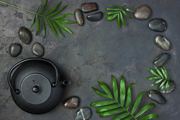 Asian teapot on  stone table with copy space