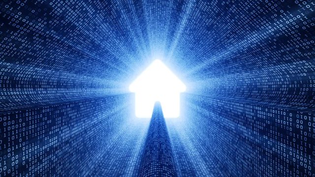 Abstract background with digital tunnel from binary code symbols 1 and 0 as technological sign with shine and light beams. Animation of seamless loop.