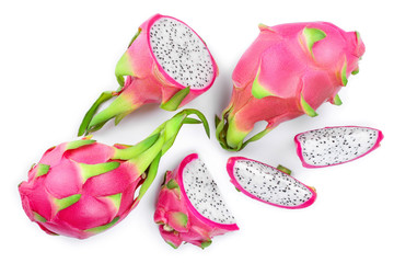 Dragon fruit, Pitaya or Pitahaya isolated on white background. Top view. Flat lay