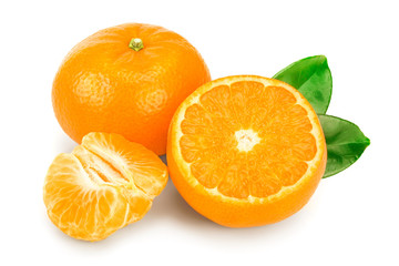 tangerine or mandarin fruit with leaves isolated on white background