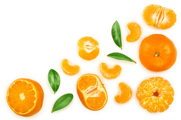 tangerine or mandarin with leaves isolated on white background with copy space for your text. Top view. Flat lay