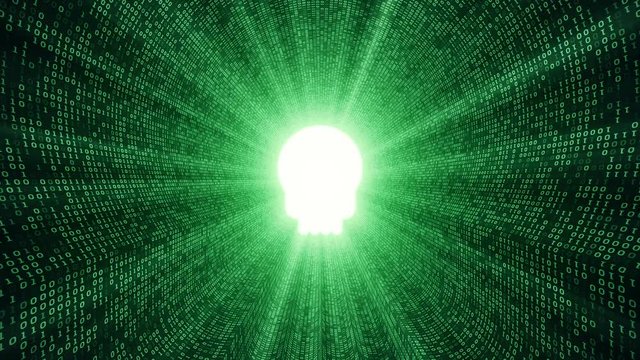 Abstract background with digital tunnel from binary code symbols 1 and 0 as technological sign with shine and light beams. Animation of seamless loop.