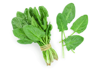 fresh spinach isolated on white background. Top view. Flat lay