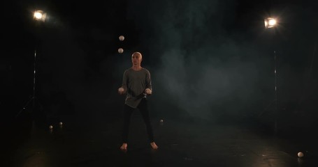 Circus juggler makes amazing acrobatic tric.