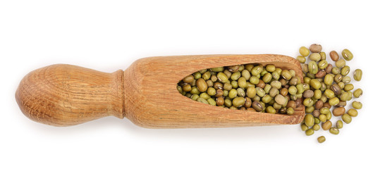 Mung beans in a wooden scoop isolated on white background. Top view