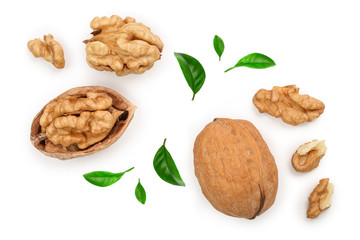 Walnuts with leaf isolated on white background. Top view. Flat lay