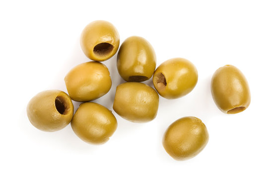 Green Olives Isolated On A White Background. Top View. Flat Lay