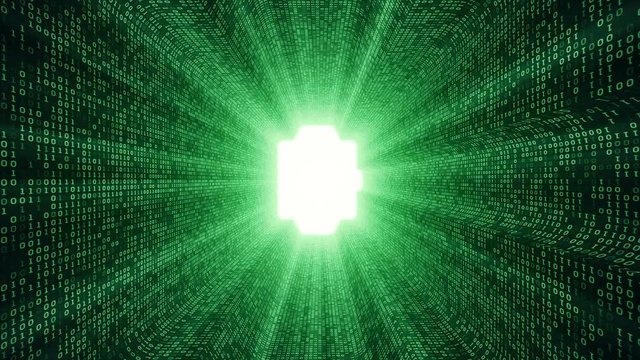 Abstract background with digital tunnel from binary code symbols 1 and 0 as technological sign with shine and light beams. Animation of seamless loop.