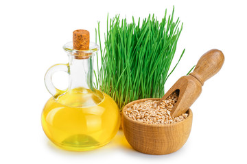 Wheat green sprouts, wheat seeds in the burlap bag and wheat germ oil isolated on white background