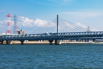 (東京都-都市風景)荒川岸から望む清砂大橋と首都高速１