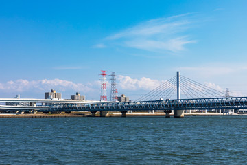 (東京都-都市風景)荒川岸から望む清砂大橋と首都高速２