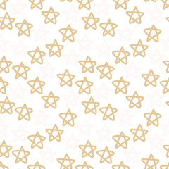 Seamless pattern with cute pastel pink and gold hand drawn thin line round little stars on white background. Messy festive wrapping paper, wallpaper, background. Vector illustration.