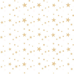 Colorful gold messy stars, little dots on white, festive seamless pattern with different shapes. Abstract confetti chaotic geometric. Geometrical background. Vector illustration.