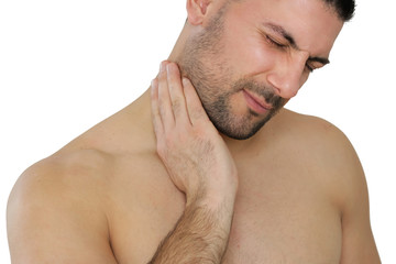 Man has pain in the throat. Flu or other illness in cold.