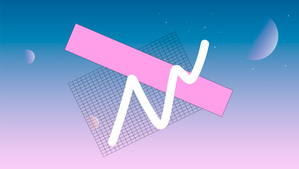 Abstract shapes composition on the blue background. Vaporwave style illustration, aesthetic.