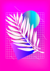 Palm leaf with abstract shapes on the pink background, Vaporwave style illustration, aesthetic,