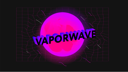 Poster with fluid holographic neon shape in retrowave, vaporwave nostalgic style.