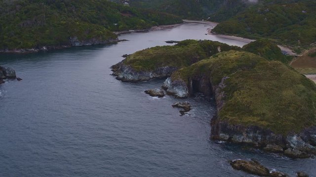 aerial view with drone of the pacific ocean coast of Chilo&eacute; Island
