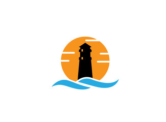 Lighthouse on the island in the middle of the sea with a big sun in the background for logo design illustration a sunset symbol