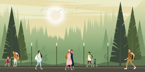 People walk on a warm misty evening in a summer city park. Vector illustration. © PayPau