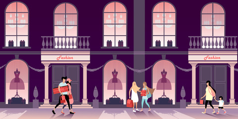 Townspeople are shopping in summer downtown. Vector illustration