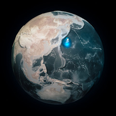 Naklejka na ściany i meble Map of the world without water. All the water on Earth in one place. Water sphere. Climate change, global warming. Physical world. 3d rendering