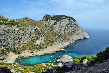 Beautiful sea bay with turquoise water, beach and mountains, Cala Figuera on Cap Formentor, Mallorca