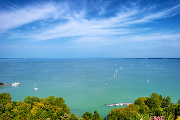 View of Lake Balaton with sailboats from Tihany village in Hungary