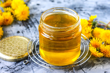 Honey from dandelions. Dandelion Honey in a Glass Jar.