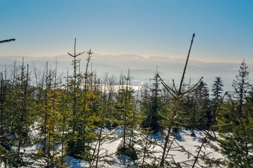 Fabulous winter landscape. Beautiful sunny mountain view in Poland.