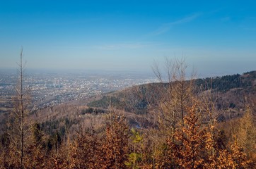 Fototapeta premium Beautiful highland urban view. The city of Bielsko-Biala seen from the mountains.