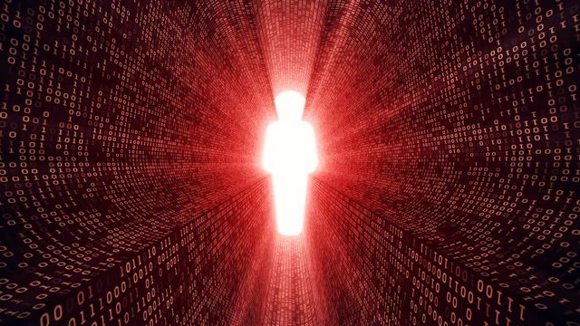 Abstract background with digital tunnel from binary code symbols 1 and 0 as technological sign with shine and light beams. Animation of seamless loop.