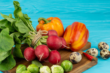 Radish, paprika, quail eggs, Brussels sprout and hot pepper