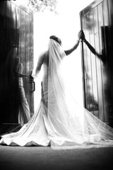 Stunning bride posing in church doorway