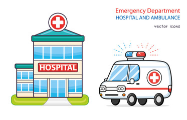 Hospital building and ambulance car isolated, emergency department vector icons. © ghrzuzudu