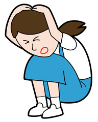 しゃがみこみ　腕で頭部を守る少女　白背景