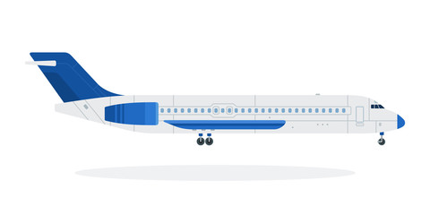 Blue plane vector flat material design isolated object on white background.