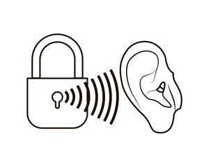 ear with sound wave and security padlock