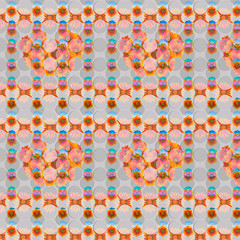 Illustration. Printing for fabric, summer flowers, exotic leaves. Pattern, seamless plants on colored geometric background. Nature Wallpaper.