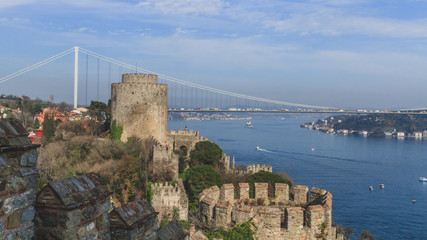 Naklejka premium Ruins of Rumelian Castle against the Bosphorus strait in Islantul, Turkey